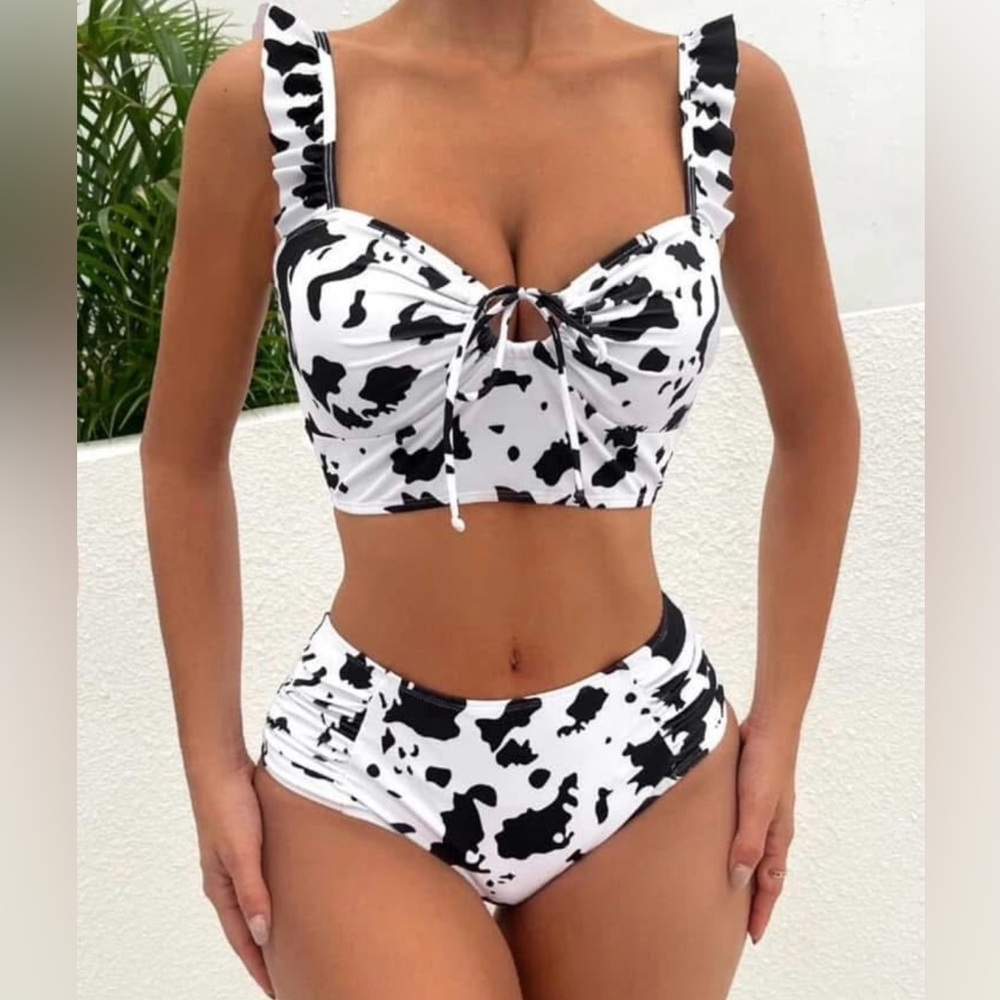 Cow Print High-Waisted Bikini Bottoms